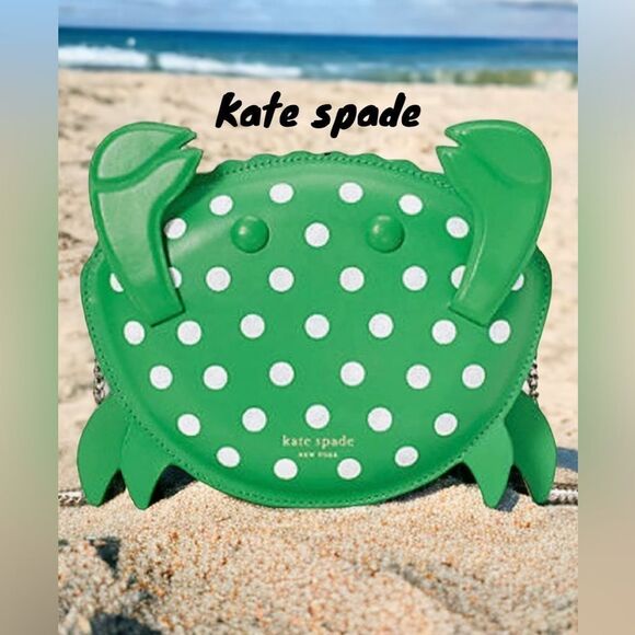 KATE SPADE NWT CLUTCH CRAB POLKA DOT GREEN WHITE SHELLY CROSSBODY BAG LEATHER - Picture 1 of 6